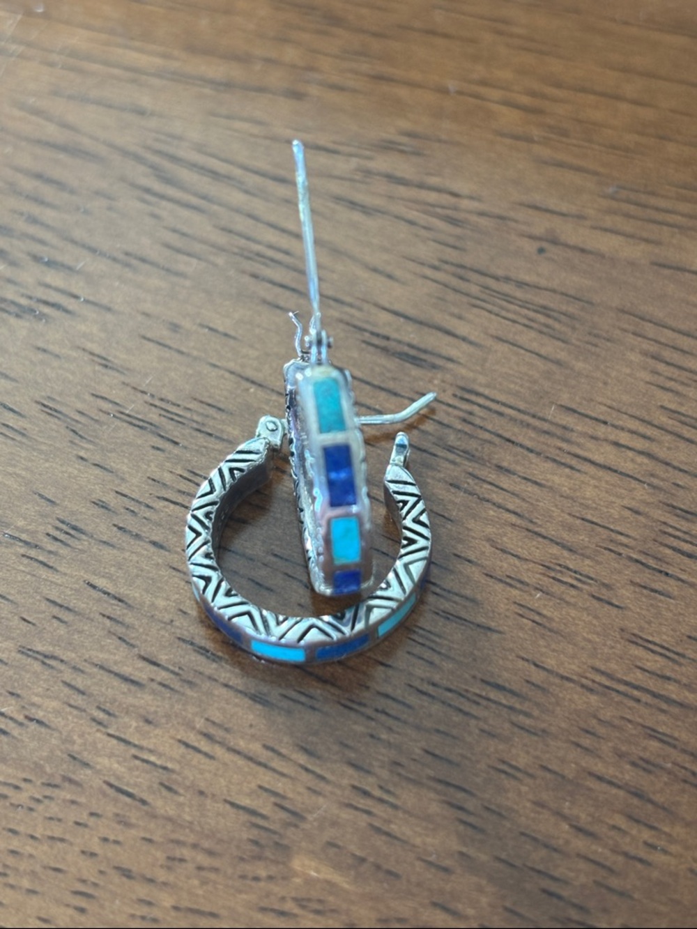 Carolyn Pollack Silver Hoop Earrings with Turquoise and Lapis Inlay